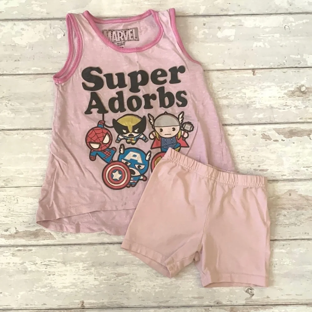Marvel 5T Girls Superhero Pink Tank Top Shirt Biker Shorts Outfit Kids Size 5